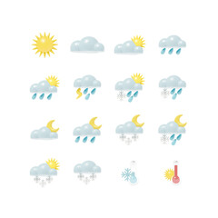 Vector 3D realistic icon set for weather forecast. Render of the illustration with meteorology signs. Three-dimensional solid sun, clouds, rain, snow and thermometers
