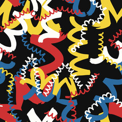 vector rough four color coil spring lines brush stroke overlapped seamless pattern on black