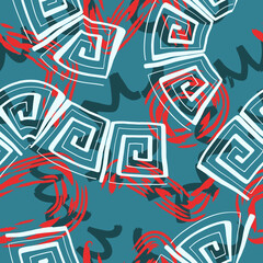 Fototapeta na wymiar vector rough spiral square and freeform lines brush stroke overlapped seamless pattern on blue green