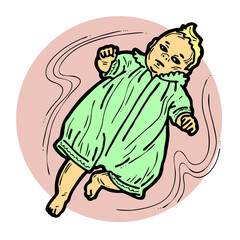 Naklejka premium Baby laying, moving arms and legs. Nice dressed little child. New family member. Hand drawn illustration for event celebration design, postcard, invitation or poster. Cartoon style character drawing.