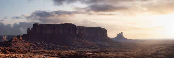 Desert Rocky Mountain American Landscape. Morning Dramatic Sunrise Sky Art Render. Oljato-Monument...