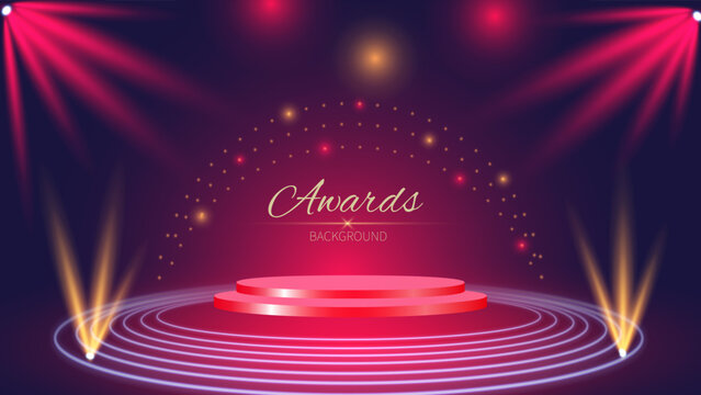 Golden Blue  red Background Of The Award. Decorative invitation to the Anniversary party. A stage platform with a spotlight. Wedding Entertainment Hollywood Bollywood Night. Luxury Staircase Floor.