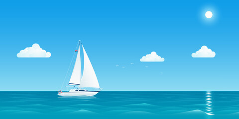 Sailboat at sea. White sailboat. Sea travel by sailboat. Seascape