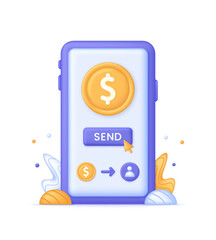 3D Money transfer illustration. Online payment. Application for online transactions. Concept of money transfer, and banking.