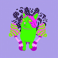 Contemporary minimal illustration. Psychedelic kitty Hallucination, drugs concept. Mushroom microdosing trends.