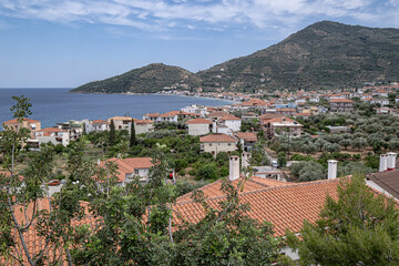 Fototapeta na wymiar Paralia Tyrou (Tyros), an attractive resort town, located under Parnon mountain and by Myrtoan sea, Peloponnese, Greece