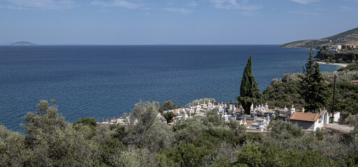 Seascape view along the Myrtoan sea, on the eastern coast of the Peloponnese, near Paralia Tyrou (Tyros) resort town, Arcadia region, Greece