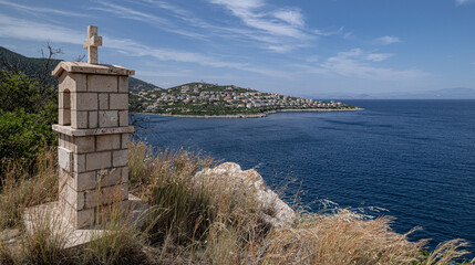 Fototapeta na wymiar Seascape view along the Myrtoan sea, on the eastern coast of the Peloponnese, near Paralia Tyrou (Tyros) resort town, Arcadia region, Greece