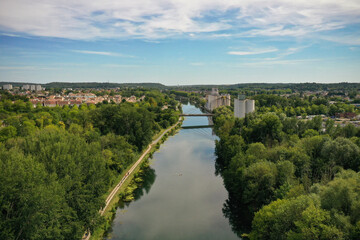 aerial view on the river the loing and the Charles Hochart bridge on the city of Nemours