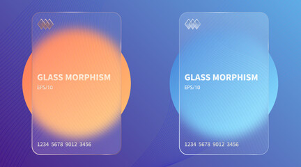 Glass morphism effect. Transparent frosted acrylic bank cards. Orange yellow gradient circles on violet blue background. Realistic glassmorphism matte plexiglass shape. Vector