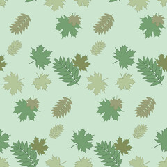 Seamless vector green background with autumn maple leaves and rowan leaves