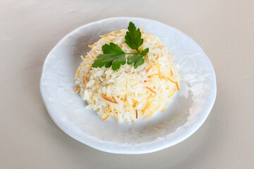 Traditional delicious Turkish food; Turkish style rice pilaf (Turkish name; Arpa sehriyeli. tavuklu, kuru fasulyeli, kavurmali pirinc pilavi)