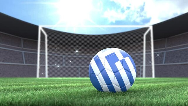 Greece soccer ball, rolling into stadium with camera flashes. 3D animation