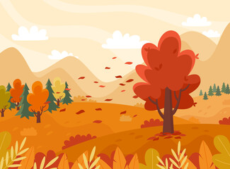 Fototapeta na wymiar Autumn landscape with trees, mountains, fields, leaves. Countryside landscape. Autumn background. Vector illustration