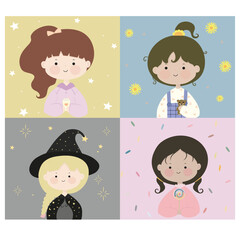 Cute girls vector cartoon set. Happy girl characters.