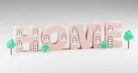 3d alphabet letters shape made of tiny house on grey background, 3d render, sign Home