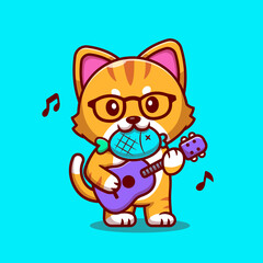Cute Cat Playing Guitar With Fish Cartoon Vector Icon 
Illustration. Animal Music Icon Concept Isolated Premium 
Vector. Flat Cartoon Style