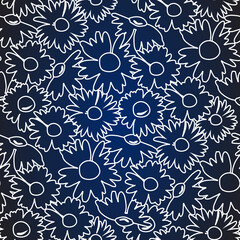 The chamomile flower. Hand-drawn  contours of daisies. Seamless floral texture of Daisy flower on dark blue background, EPS 10, vector.