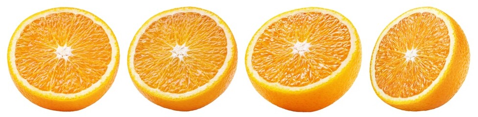 Set of orange halves isolated on white background. Citrus fruit with clipping path. Full depth of field.