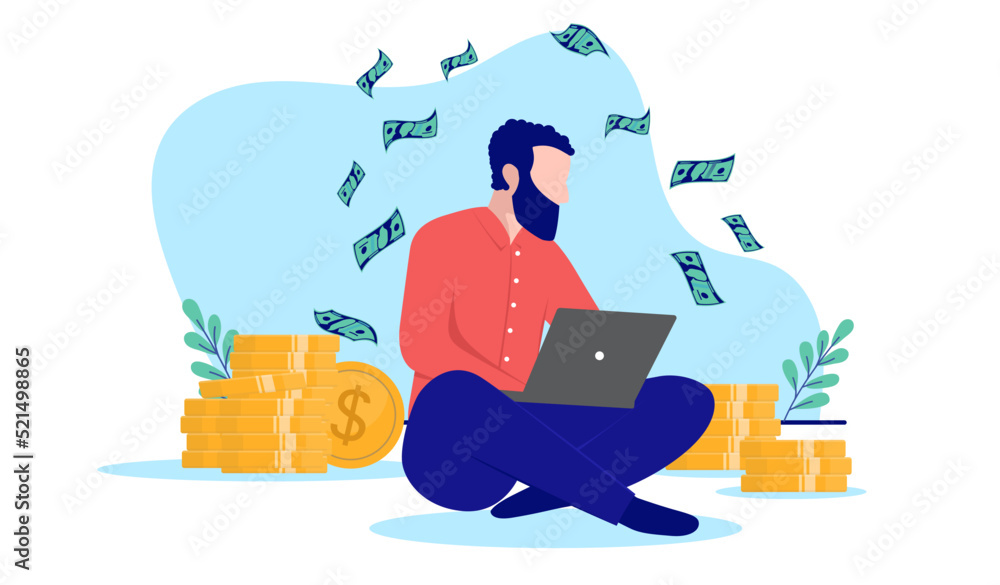 Poster man making money sitting on floor with computer laptop working online, casual clothes and beard. fla