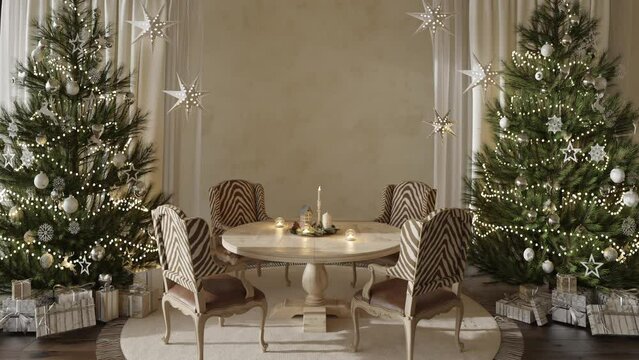 Christmas tree with toys and gifts decorated modern interior dining room. Retro style. High quality footage 4K 3d render illustration video.