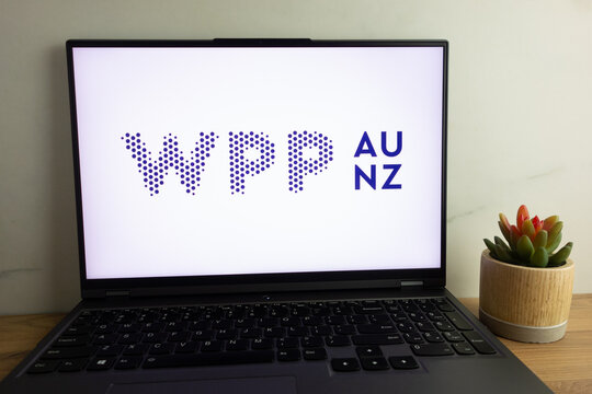 KONSKIE, POLAND - August 04, 2022: WPP AUNZ multinational communications, advertising, public relations, technology, and commerce holding company logo displayed on laptop computer