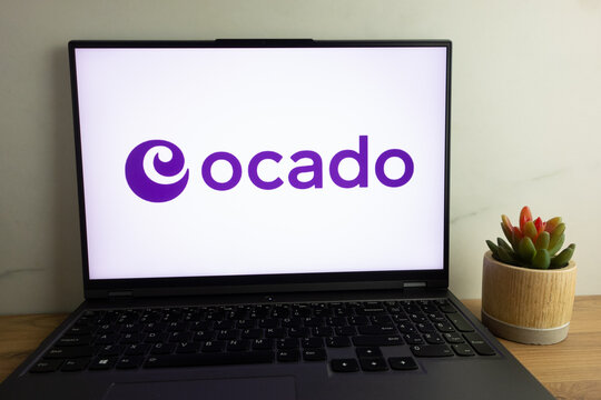 KONSKIE, POLAND - August 04, 2022: Ocado Group British business which licenses grocery technology logo displayed on laptop computer