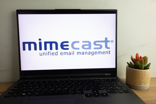 KONSKIE, POLAND - August 04, 2022: Mimecast Limited Jersey-domiciled, UK-headquartered company logo displayed on laptop computer