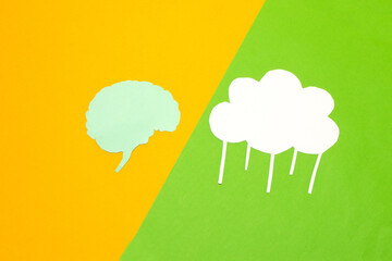 brain vs cloud, where more information can be packed, creative art design, yellow-green background
