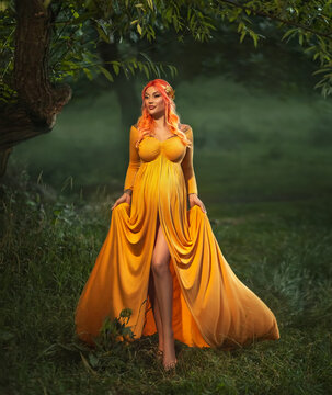 fantasy photo pregnant woman queen hugs belly. Pregnancy long outfit creative design ancient vintage greek style elegant yellow dress. Gold wreath crown on head. Goddess of fertility. summer nature