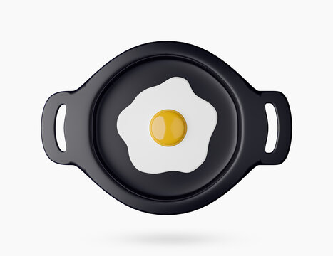 Fried egg on frying pan 3d icon. Quick cooked breakfast. Omelet on skillet. Minimal object for cafe menu. Cartoon creative design concept icon. 3d rendered illustration.