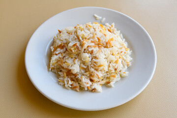 Traditional delicious Turkish food; Turkish style rice pilaf (Turkish name; Arpa sehriyeli. tavuklu, kuru fasulyeli, kavurmali pirinc pilavi)