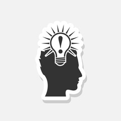 Glowing light bulb in the head sticker icon. Idea Symbol