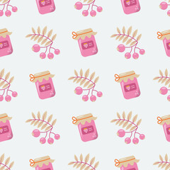 Seamless pattern with rowan berries and jam jars in pastel colors on light gray background. Print for wrapping paper, fabric, web design. Vector flat design illustration