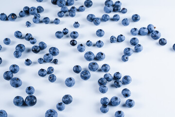 Blueberries with water drops on white background. Many blue berries on white table.