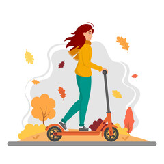 Smiling young woman in warm sweater riding an electric scooter in autumn park. Modern urban eco vehicles. Isolated on white background. Flat design vector illustration