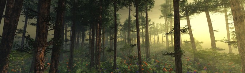 Beautiful forest, meadow of flowers in the forest, trees in the sun, morning in the forest, forest in the morning in fog, 3d rendering