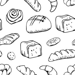 bread outline pattern. Drawing rye, whole grain and wheat bread, pretzel, muffin, pita bread, ciabatta, croissant, bagel, toast bread, French baguette for bakery menu decoration. Vector illustration.