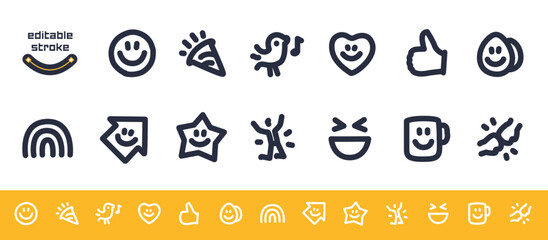 Mini happiness icon-set with editable stroke. Vector illustration small addon symbols with joy, smilies, happiness and fun life concept.