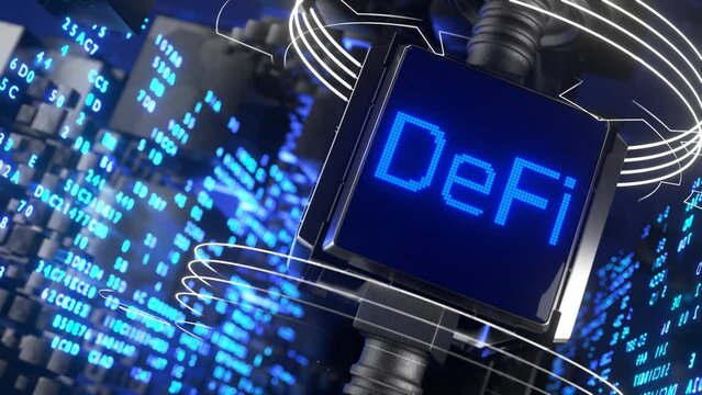 Concept of decentralized financial services. decentralized finance. Decentralized crypto exchanges. The cube with the inscription Defi rotates on a technological background.