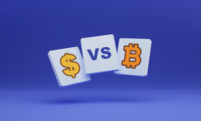 Dollar sign versus bitcoin logo - Illustration of usa currency and cryptocurrency against each other - Value in the stock market, real value, inflation, life cost, crypto, banks