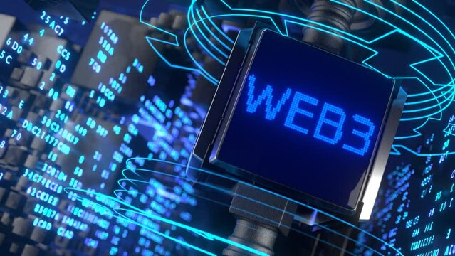 Rotate the screen with the inscription web 3. The concept of decentralized internet. Web 3 technology concept. Seamless animation.