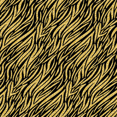 Gold zebra skin imitation, animalistic seamless pattern black gold shimmer shiny wild background for design