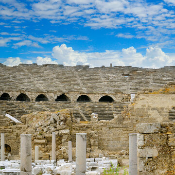 Ruins of an antique amphitheater, Side Turkey. travel concept.