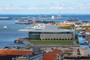 Fototapeta na wymiar Aerial view on the city, neo futurism Copenhagen Opera House, Copenhagen, Denmark