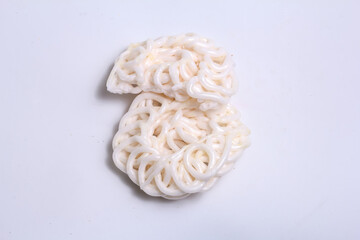 Fresh crackers on a White background. Kerupuk Udang or Shrimp Crackers.