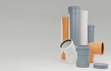 Exhibition composition with sewer and drainpipes. Gutter pipes for domestic and industrial use. Background for presentation or advertising banner. 3d rendering.