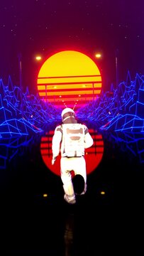 3D animation of astronaut running through night road withfluorescent lights in retro sunset
