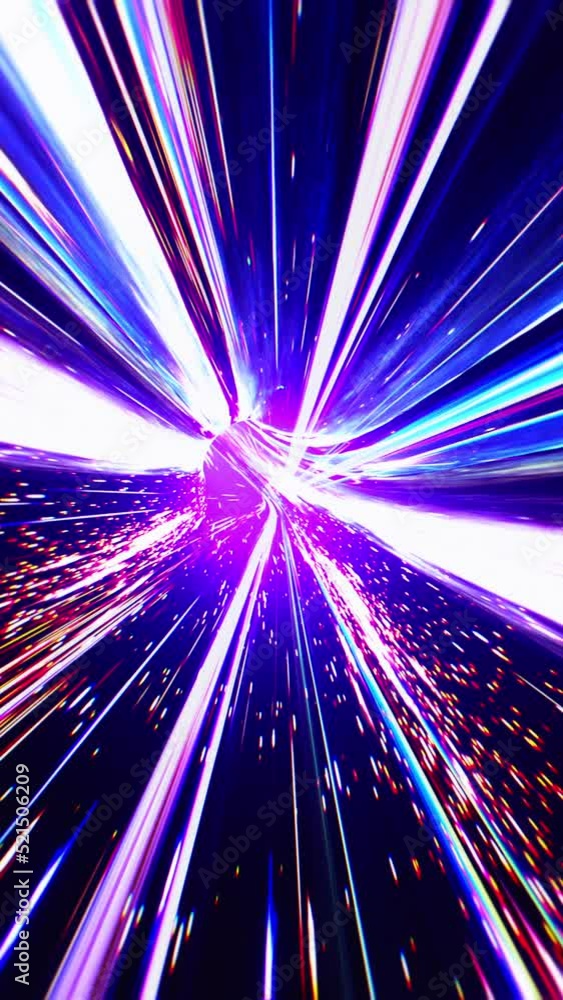 Wall mural 3d rendered vertical animation of high speed colorful lights flying through the galaxy