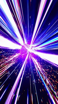 3D rendered vertical animation of high speed colorful lights flying through the galaxy